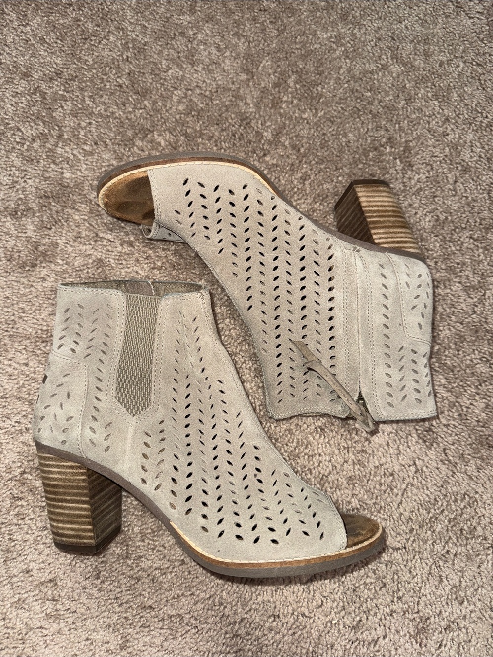 Toms Taupe Perforated Suede Peep-Toe Ankle Booties